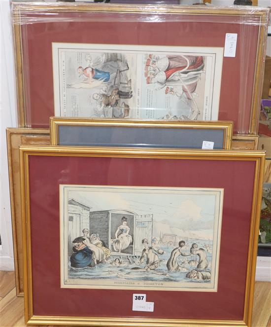 Five 19th century coloured engravings, assorted caricatures including Mermaids at Brighton